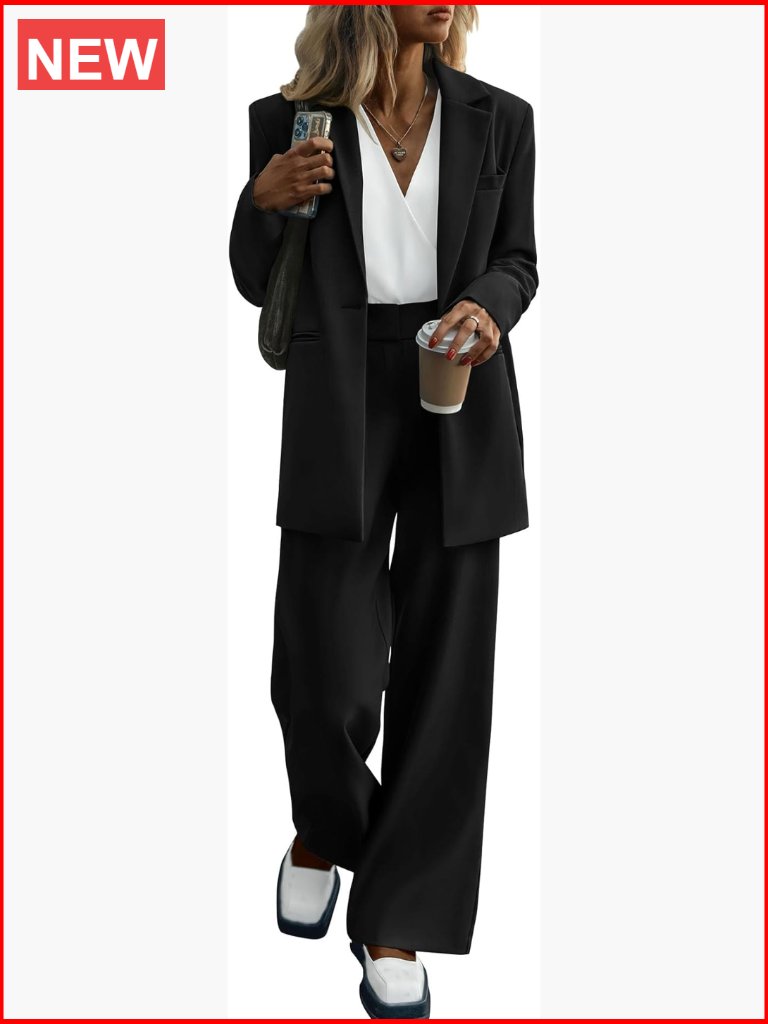 Oversized Blazer And Wide Leg Pants Suit Set, Polyester Twill Fabric